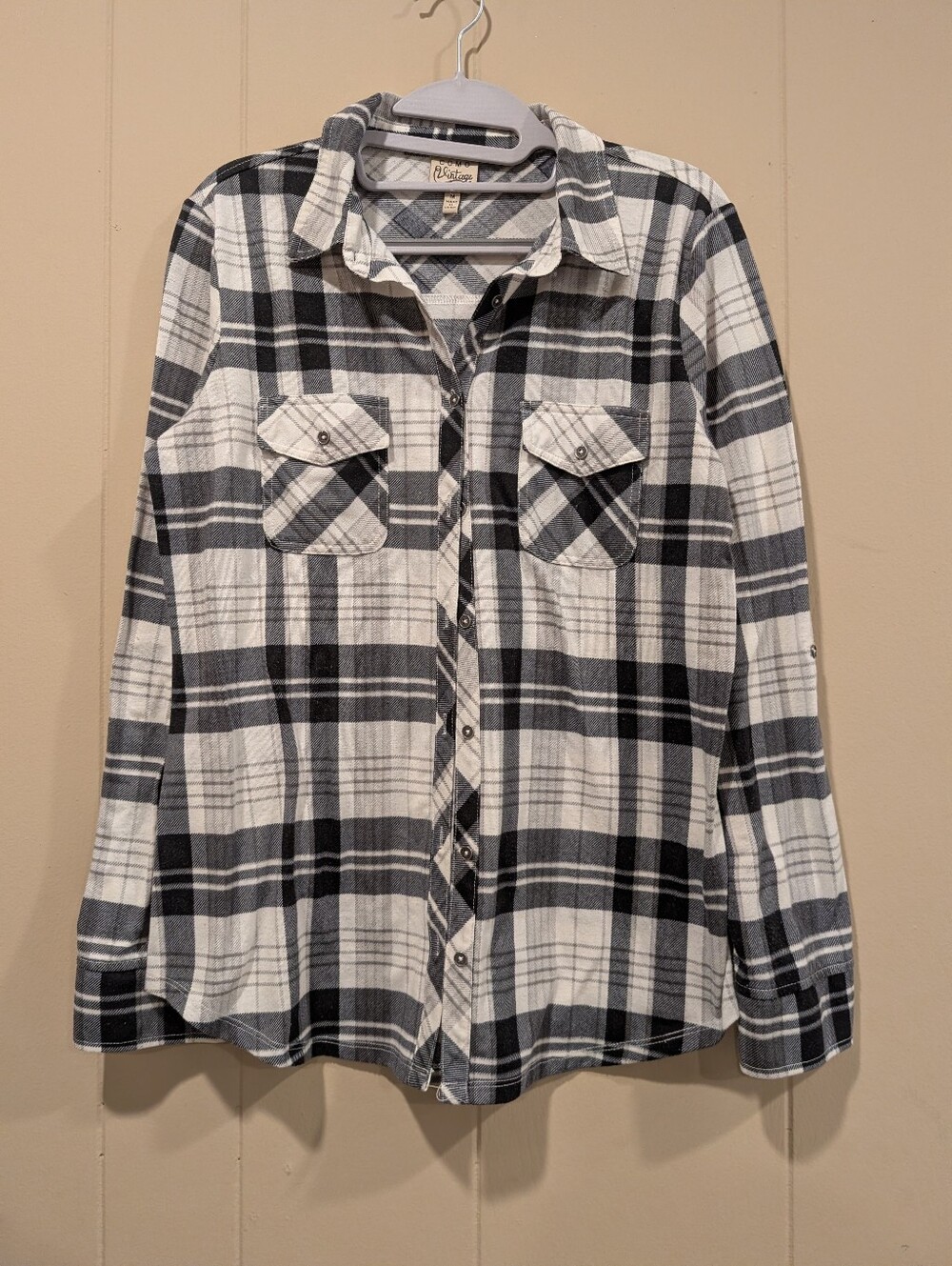 Como Vintage Black/White Plaid Cabincore Button-Down Shirt, Outdoorsy Women's M